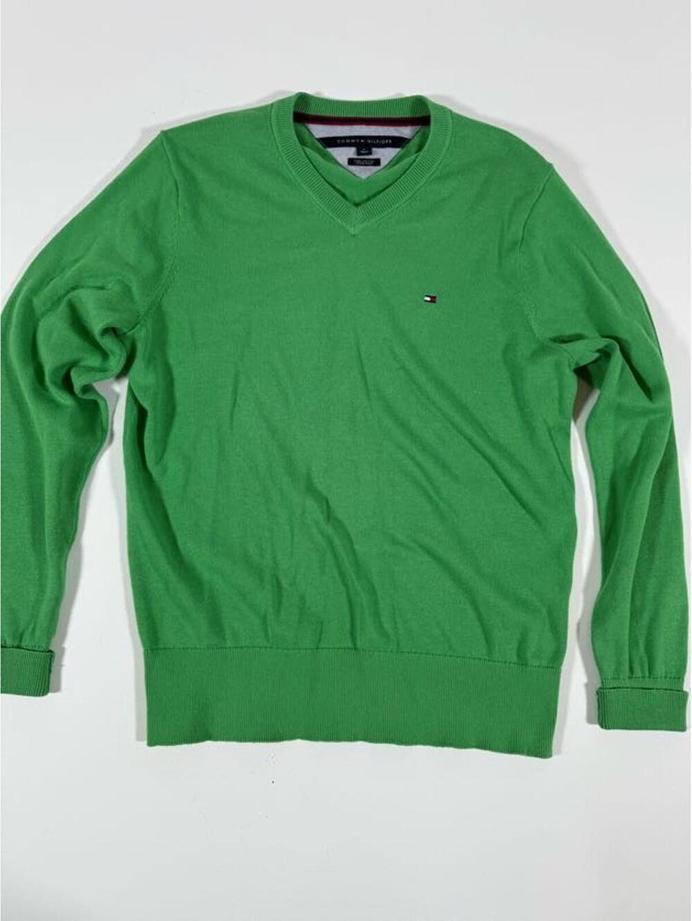 Tommy Hilfiger Men's Green Pima Cotton V-Neck Sweater Medium